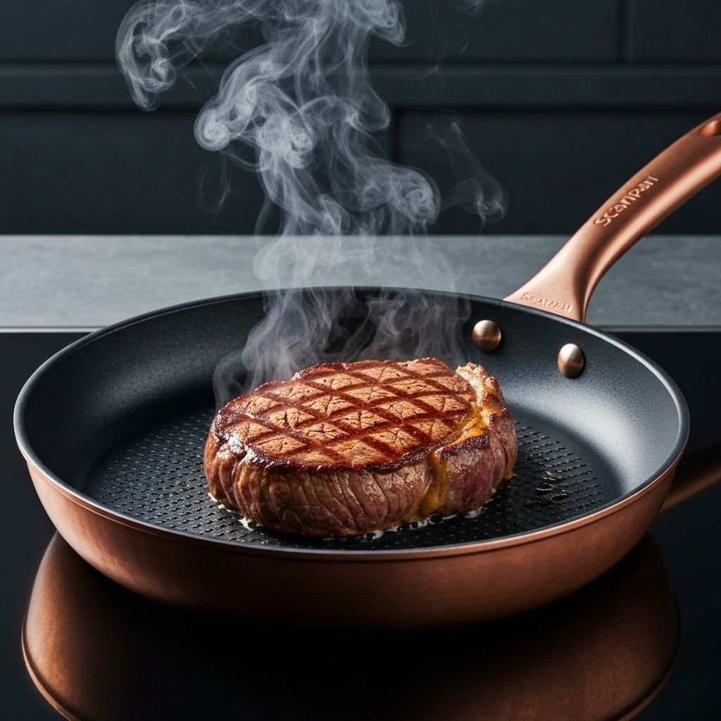 Perfectly seared steak in a Scanpan Stratanium pan showing golden-brown crust